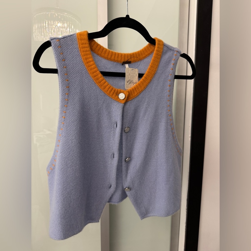 Free People Sleeveless Knit Vest in Light Blue with orange Trim - Picture 3 of 4
